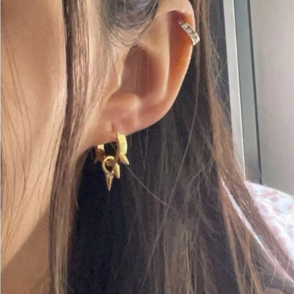 Elegantly Edgy Dainty Gold Dangle Spike Huggie Hoop Earrings - Picture 6 of 8